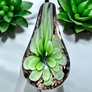 Art Glass Pendant Teardrop Shaped Green Flower Jewelry Necklace